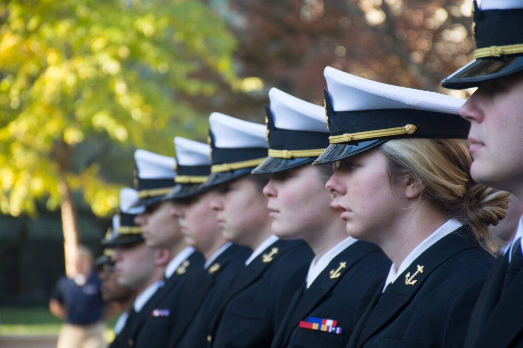 Students standing at attention at NROTC