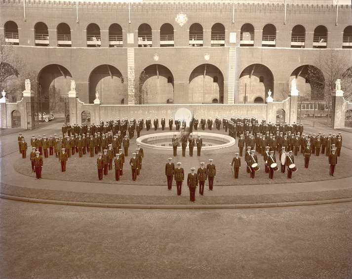 United States Navy Reserve Officers' Training Corps on parade in the courtyard of the University Museum