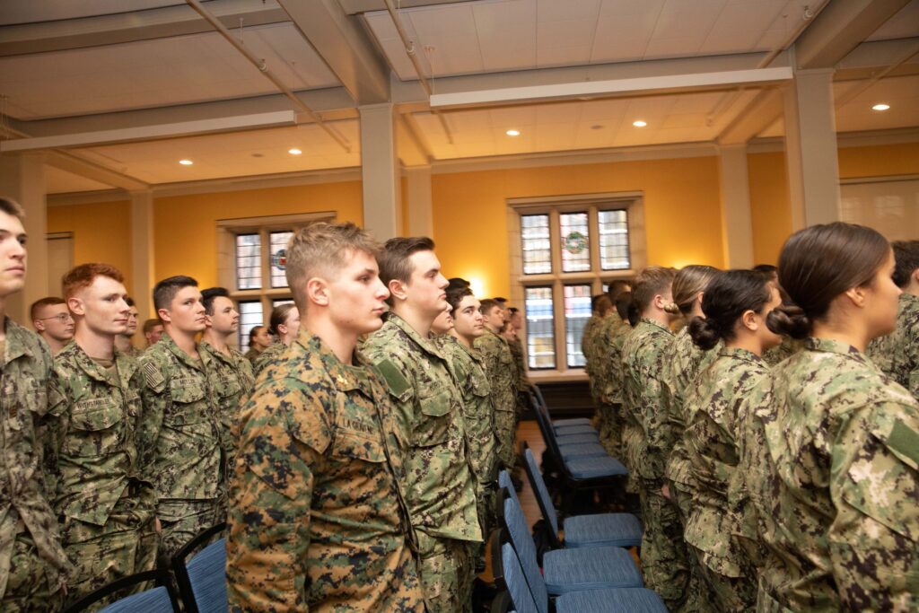 University of Pennsylvania Consortium midshipmen and Villanova University midshipmen gathered in Houston Hall for the brief, followed by an extensive Q&A session.