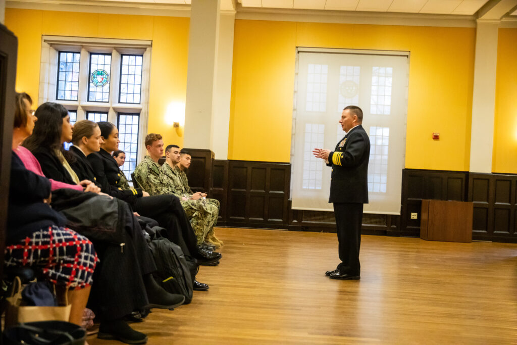 VADM Cheeseman addressing the audience in Bodek Lounge of Houston Hall.